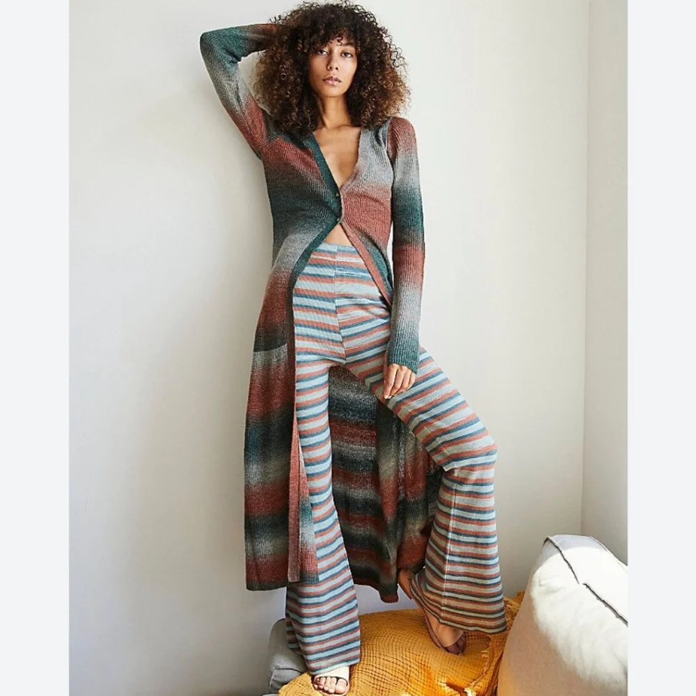 FREE PEOPLE Esme Striped High Rise Flare Pants In Ocean Combo Bell Bottoms M - Picture 13 of 14